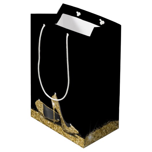 Glitzer High Heels Gold Black Personalisiert Mittlere Geschenktüte (Rückseite Schrägansicht)
