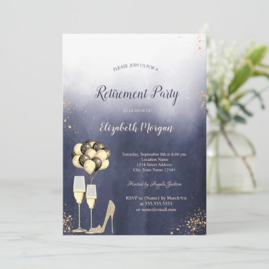 Glitzer High Heels, Ombre Blue Retirement Party Einladung (Stehend Vorderseite)