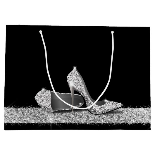 Glitzer High Heels Silver Black Personalisiert Lar Große Geschenktüte (Rückseite)