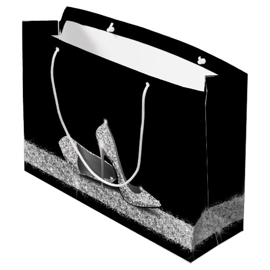 Glitzer High Heels Silver Black Personalisiert Lar Große Geschenktüte (Rückseite Schrägansicht)