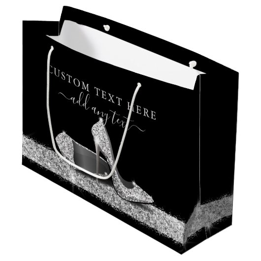 Glitzer High Heels Silver Black Personalisiert Lar Große Geschenktüte (Vorderseite Schrägansicht)