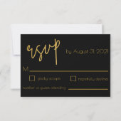 Glitzer Hochzeit in Schwarz und Gold Art Deco RSVP Karte (Vorderseite)