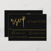 Glitzer Hochzeit in Schwarz und Gold Art Deco RSVP Karte (Vorne/Hinten)