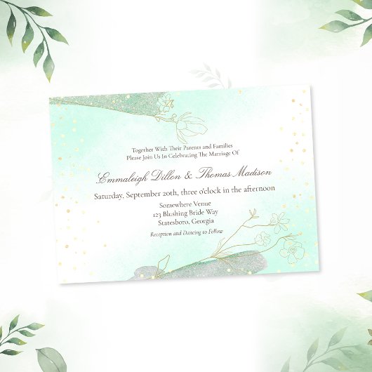 Glitzer-Hochzeit von Radiant Mint Green Foliage Einladung