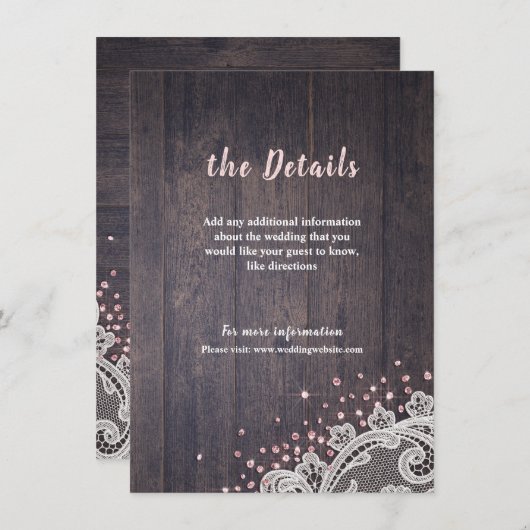 Glitzer Hochzeitsszenario aus Spitzenholz rustikal Begleitkarte (Vorne/Hinten)