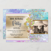 Glitzer holografisch rosa Goldbarsch Konfetti Mädc Einladung (Vorne/Hinten)