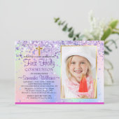 Glitzer Holographic Foto Erste Kommune Einladung (Stehend Vorderseite)