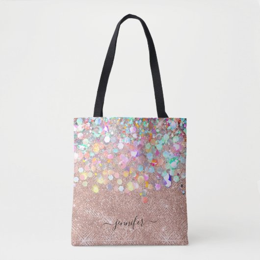 Glitzer Holographic Rose Gold Mit Monogramm Skript Tasche (Vorderseite)