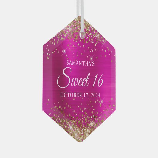 Glitzer Hot Pink Foil Sweet 16 Ornament Aus Glas (Vorderseite Rechts)