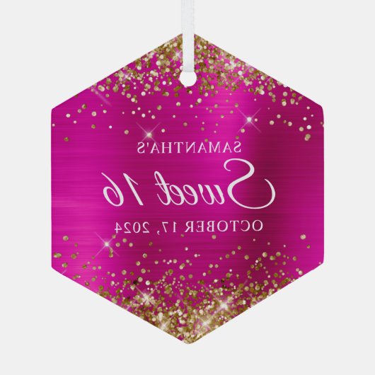 Glitzer Hot Pink Foil Sweet 16 Ornament Aus Glas (Rückseite)