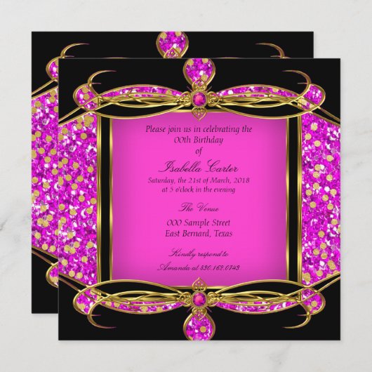 Glitzer Hot Pink Gold Black Birthday Party Einladung (Vorne/Hinten)