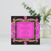 Glitzer Hot Pink Gold Black Birthday Party Einladung (Stehend Vorderseite)