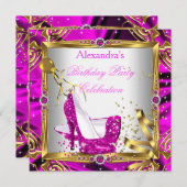 Glitzer Hot Pink High Heel Schuhe Gold Weiße Seide Einladung (Vorne/Hinten)