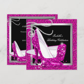 Glitzer Hot Pink High Heels Black Birthday Party Einladung (Vorne/Hinten)