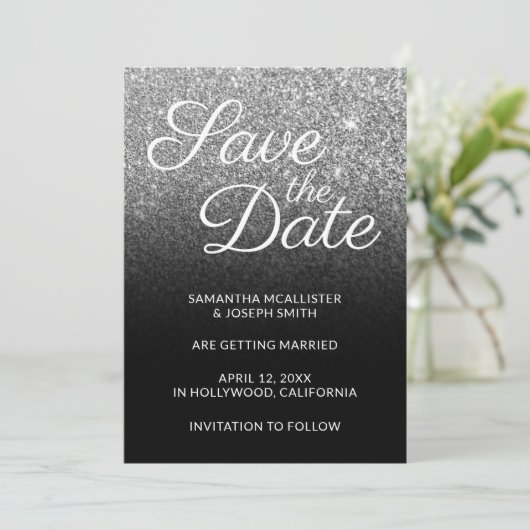 Glitzer in Schwarz und Silber Ombre Save the Date Einladung (Stehend Vorderseite)