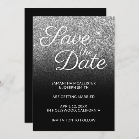 Glitzer in Schwarz und Silber Ombre Save the Date Einladung (Vorne/Hinten)