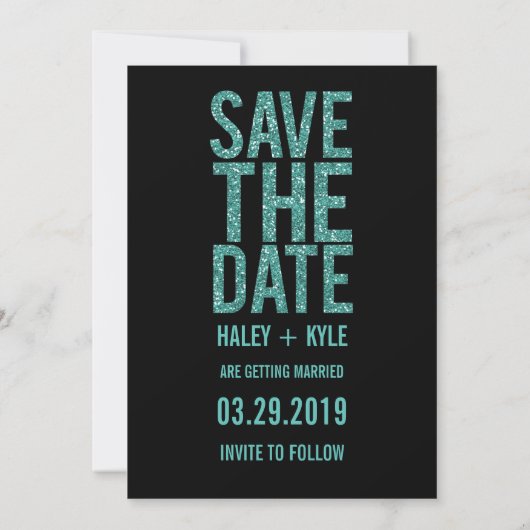 Glitzer in Schwarz und Türkis Save the Date Typogr Einladung (Rückseite)