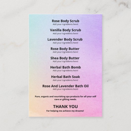 Glitzer-Inhaltsverzeichnis für Pastell- und Rosa-W Visitenkarte (Rückseite)