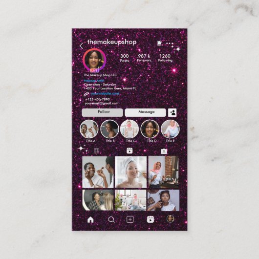 Glitzer Instagram Dark Lila Visitenkarte (Vorderseite)