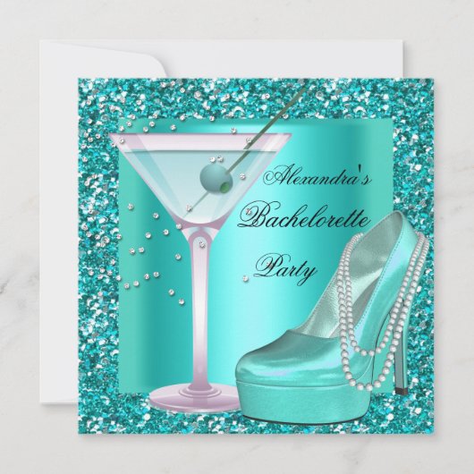 Glitzer Junggeselinnen-Abschied Aqua Aquamarin Blu Einladung (Vorderseite)