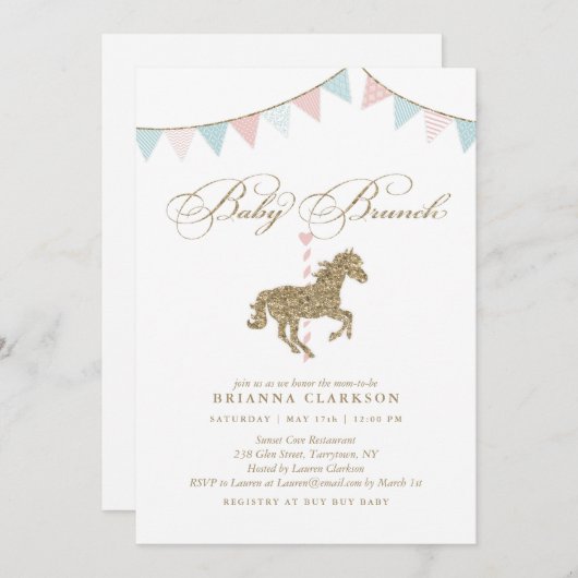 Glitzer Karousel Pferd | Einladung der Babydusche (Vorne/Hinten)