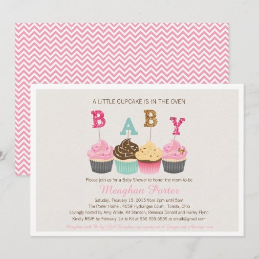 Glitzer Kinderdusche Einladung - Cupcakes, Glitz (Vorne/Hinten)