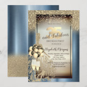 Glitzer Kleid, Balloons, Blue Metallic 35. Geburts Einladung (Vorne/Hinten)