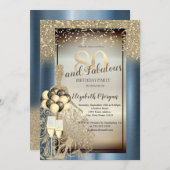 Glitzer Kleid, Balloons, Blue Metallic 80. Geburts Einladung (Vorne/Hinten)