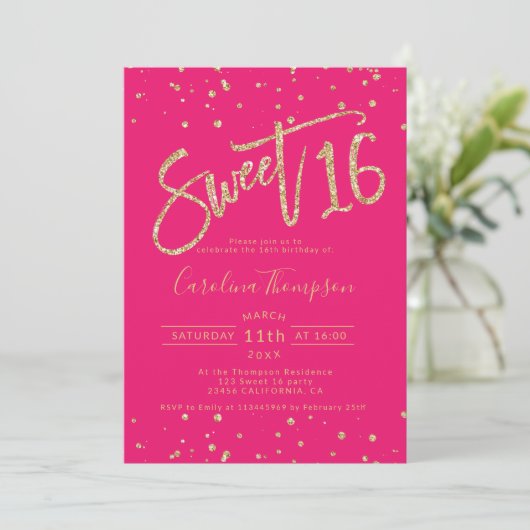 Glitzer Konfetti Neon Pink Sweet 16 Foto Einladung (Stehend Vorderseite)