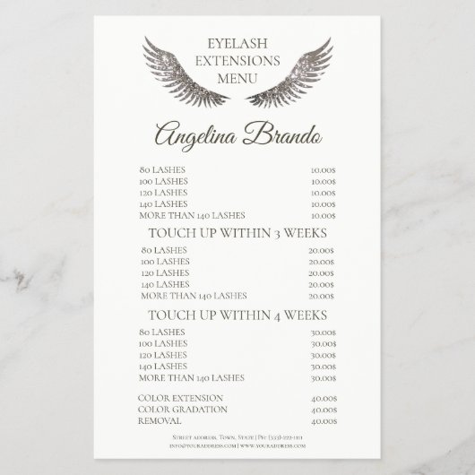 Glitzer Lashes Eyelash Extensions White Price List Flyer (Vorne)