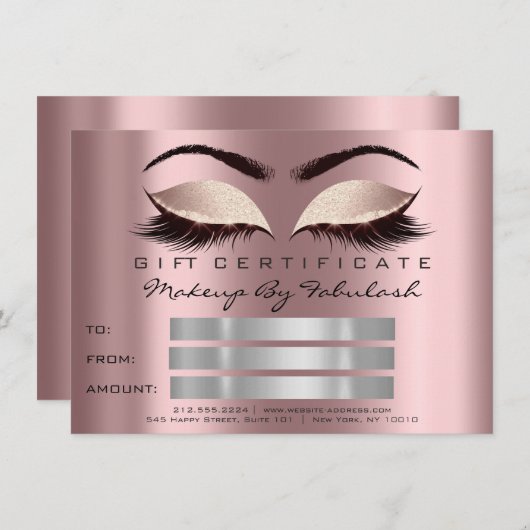 Glitzer Lashes Gold Mauve Makeup Certificate Spark Einladung (Vorne/Hinten)