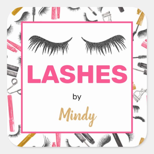 Glitzer Lashes Makeup Artist Wasserfarbe Quadratischer Aufkleber (Vorderseite)