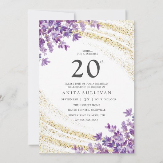 Glitzer Lavender Floral 20. Geburtstag Einladung (Vorderseite)