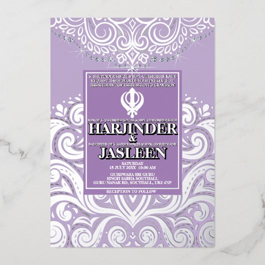 Glitzer Lavender Silver Sikh Anand Karaj Wedding Folieneinladung (Vorderseite)