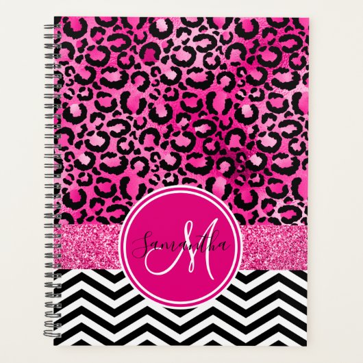 Glitzer Leopard Print Monogram, Hot Pink Imitats Planer (Vorderseite)