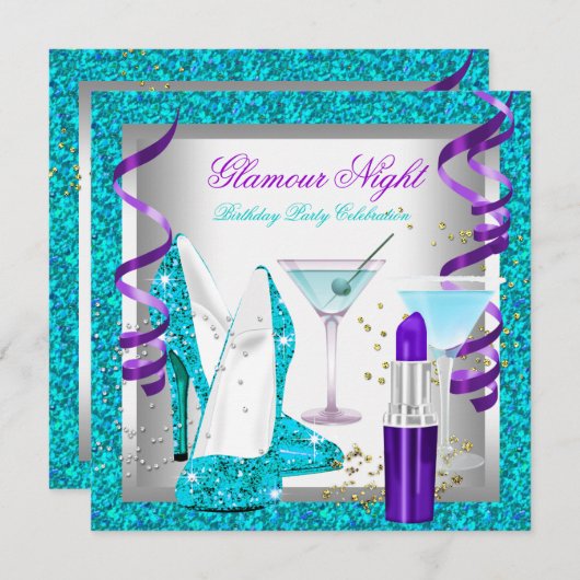 Glitzer Lila Aquamariner Glamour Night Martini Par Einladung (Vorne/Hinten)