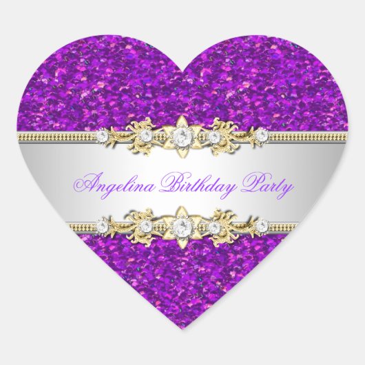 Glitzer Lila Birthday Party Gold Jewel Diamond Herz-Aufkleber (Vorderseite)