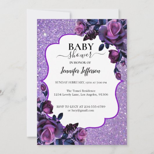 Glitzer Lila Blumendusche Einladung (Vorderseite)