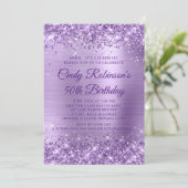 Glitzer Lila Foil Überraschung 50. Geburtstag Einladung (Stehend Vorderseite)