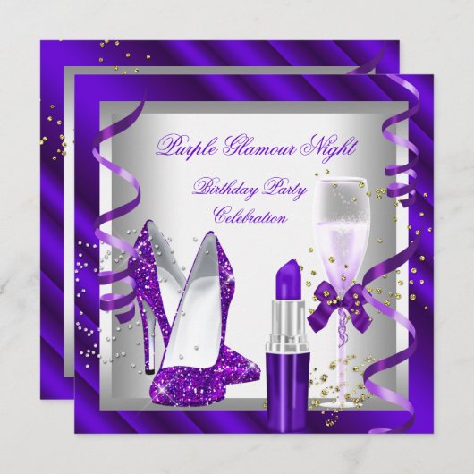 Glitzer Lila Glamour Night Champagne Party Einladung (Vorne/Hinten)
