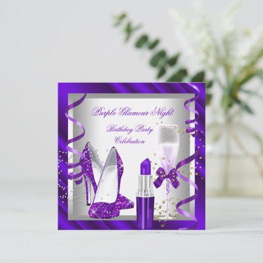 Glitzer Lila Glamour Night Champagne Party Einladung (Stehend Vorderseite)