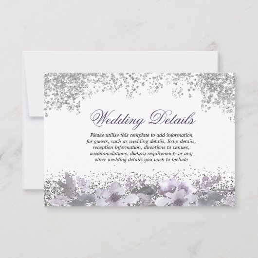Glitzer Lila Hochzeitsempfehlung Details Einladung (Vorderseite)