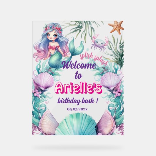 Glitzer Lila Mermaid Geburtstag Acrylschild (Vorderseite)