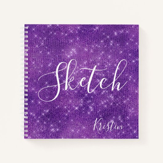 Glitzer Lila White Script Ihr Name Sketchbook Notizblock (Vorderseite)