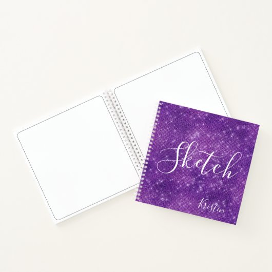 Glitzer Lila White Script Ihr Name Sketchbook Notizblock (Innenseite)