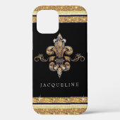 Glitzer Lilie Gold Black Französisch Ihr Name Case-Mate iPhone Hülle (Rückseite)