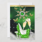 Glitzer Lime Green Butterfly Heelse Gold Champagne Einladung (Rückseite)