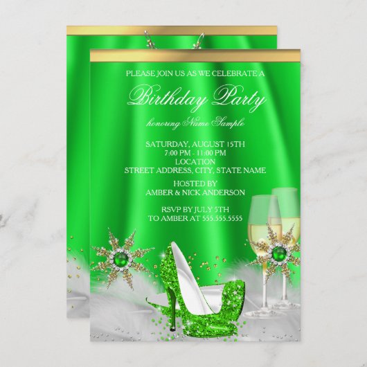 Glitzer Lime Green High Heels Gold Champagner Part Einladung (Vorne/Hinten)