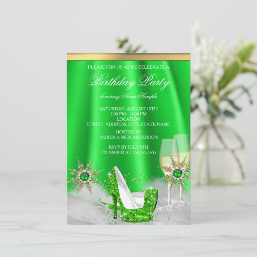 Glitzer Lime Green High Heels Gold Champagner Part Einladung (Stehend Vorderseite)