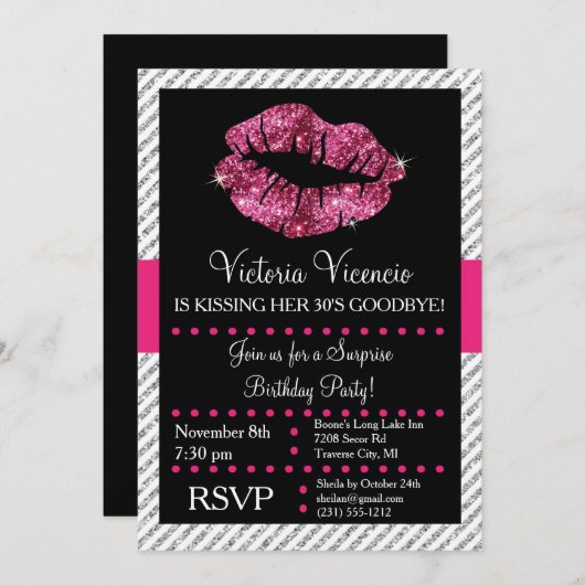 Glitzer Lippen Küssen Erwachsene Einladung zum Geb (Vorne/Hinten)